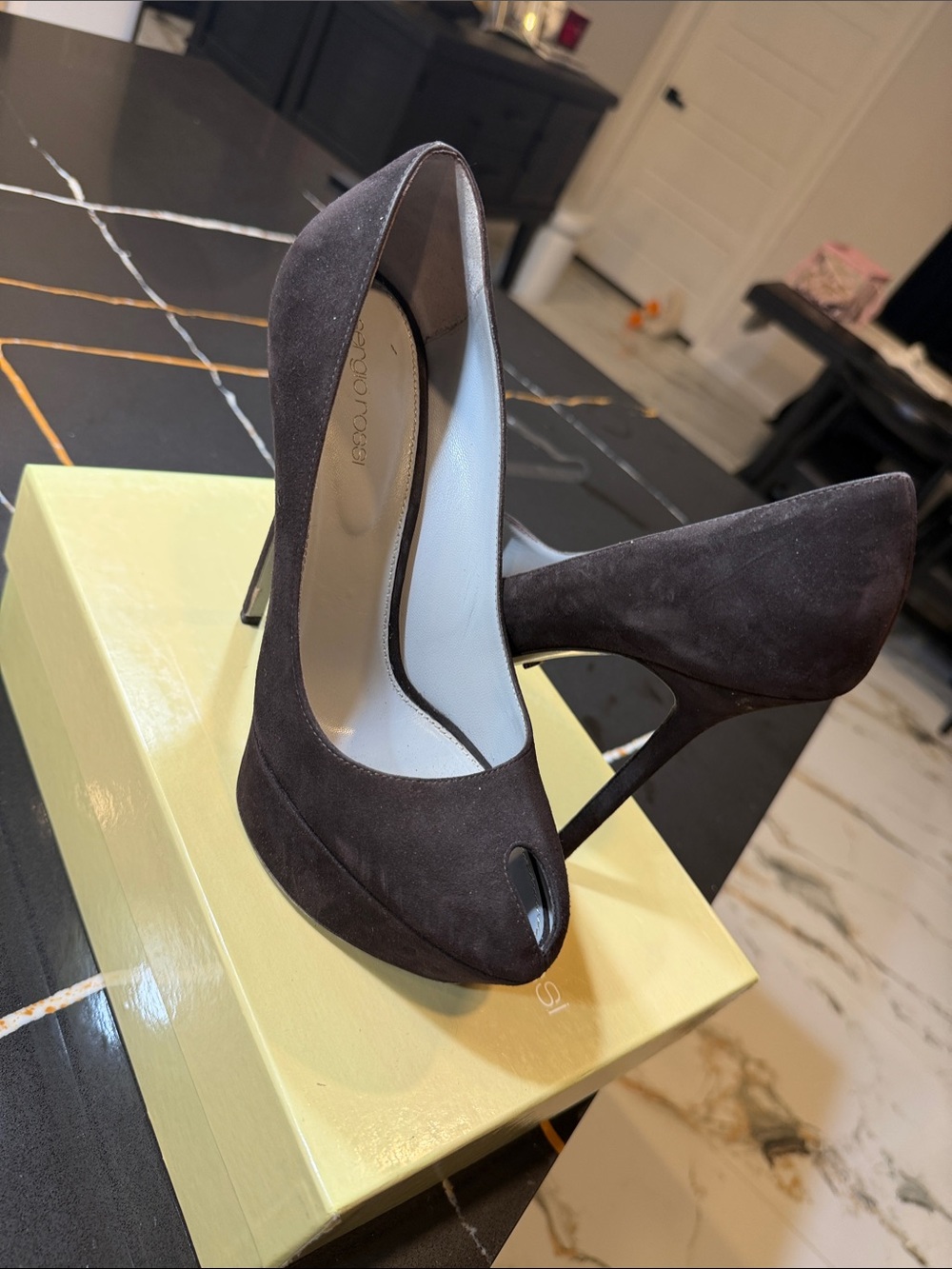 Sergio Rossi Brown Suede Peep-Toe Stiletto Pumps